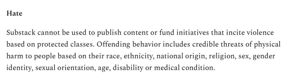 Substack's Content Guidelines regarding hate and violence against protected classes